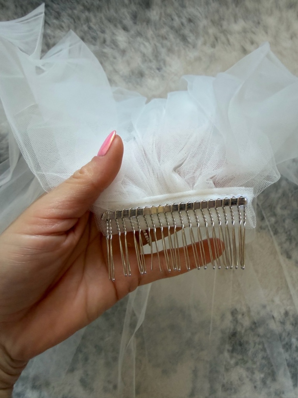 Ivory Fingertip Wedding Veil with Blusher - Picture 7 of 13
